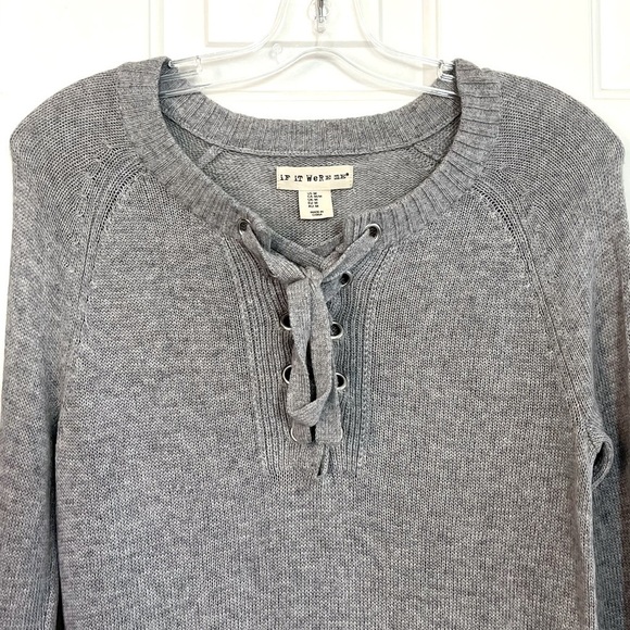 If It Were Me Anthropologie Gray Lace Up Collar Bell Sleeve Long Sweater Medium - Picture 12 of 16